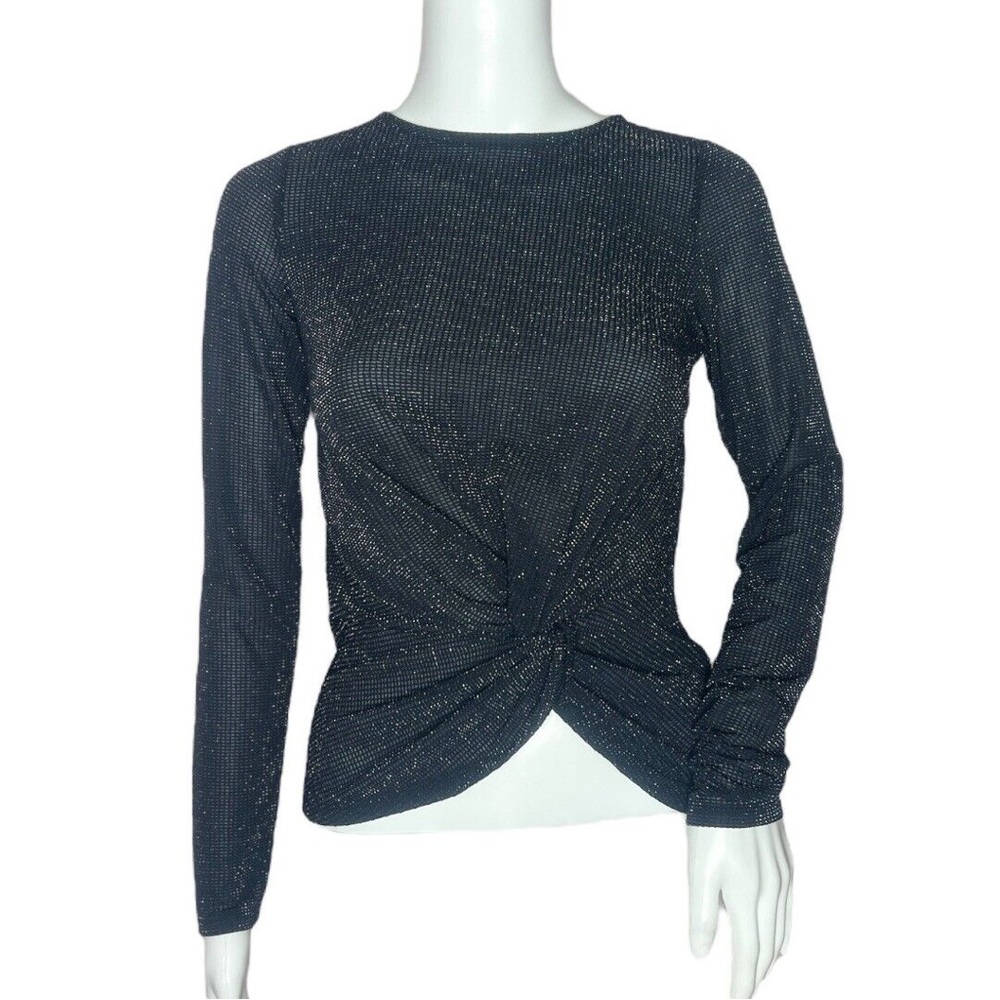 Express Crew Neck Black Silver Metallic Twist Front Top